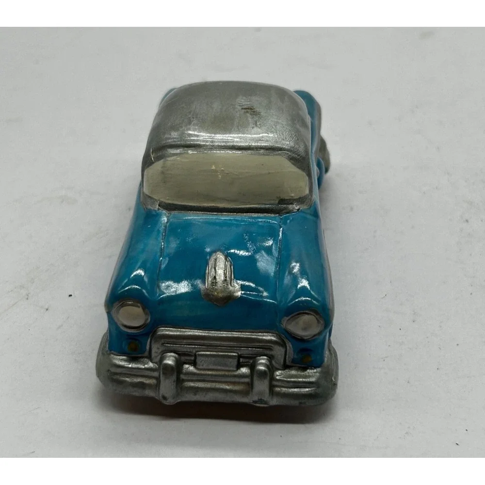 Vintage Plaster Chalkware Blue and Silver Painted Car 4 1/2